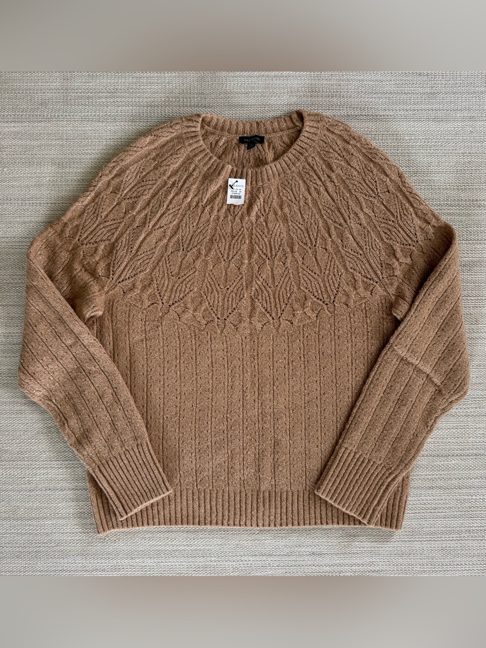Talbots Metallic Pointelle Round Yoke long sleeve soft brown sweater women's M